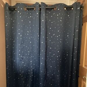 Two Panels - Navy Curtains with Silver Metallic Stars - Blackout